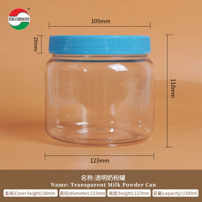 1100ML Şeffaf Şeffaf PET Plastik Süt Tozu İçin Silindir İşletmeniz İçin İdeal Ambalaj Çözümü